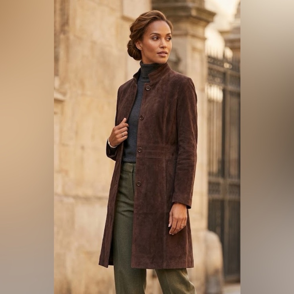 NWT Pasha & Jo Chocolate Brown Suede Coat Midi Leather Jacket Button Front Sz M